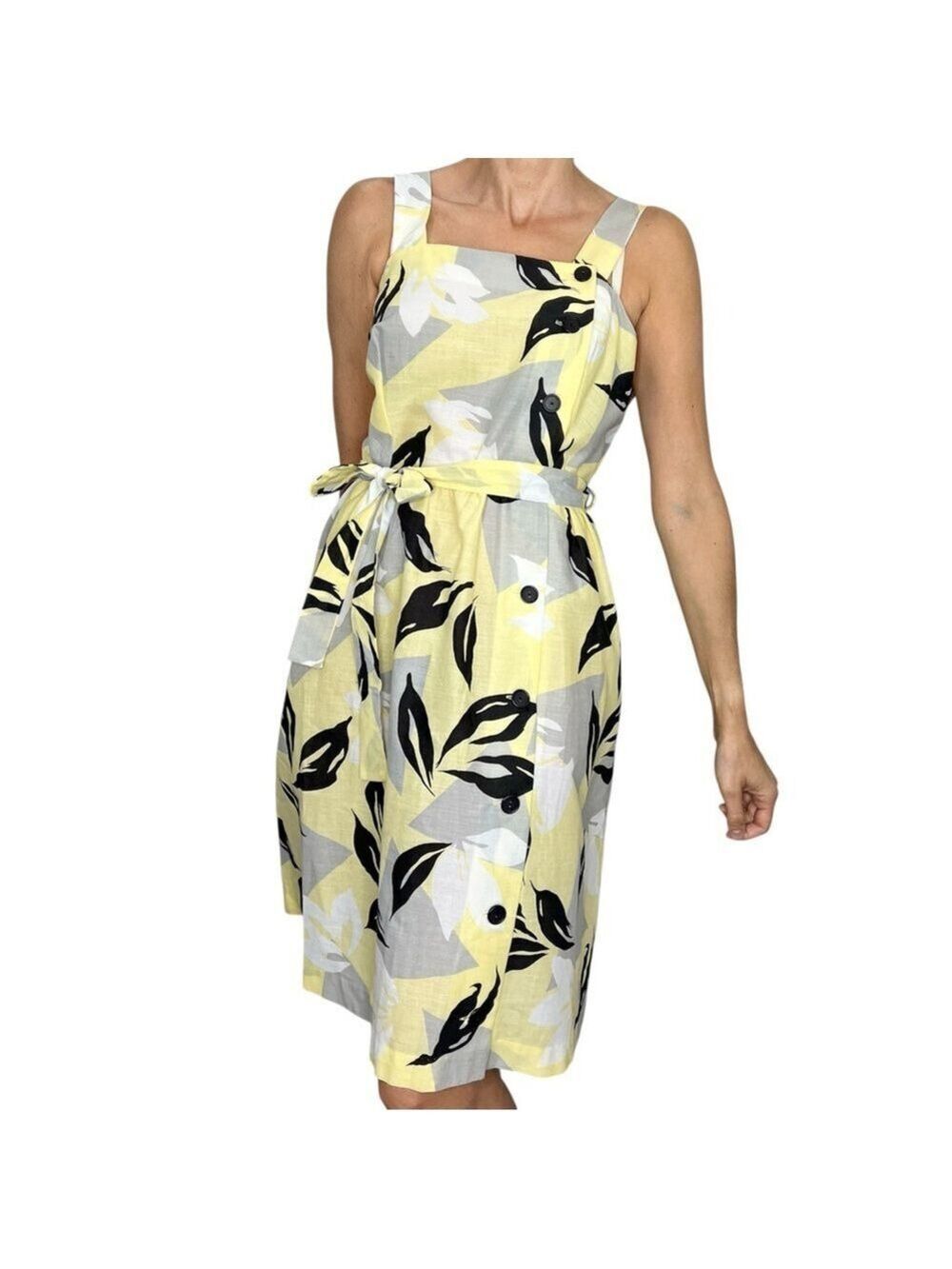 Vintage 90s lightweight yellow black grey floral square neck midi sun dress 16.5
